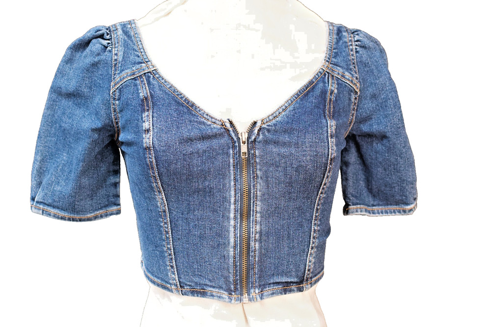 GRLFRND Ember Denim Crop Top Puff Sleeve Zip Front Blue Women’s Size S